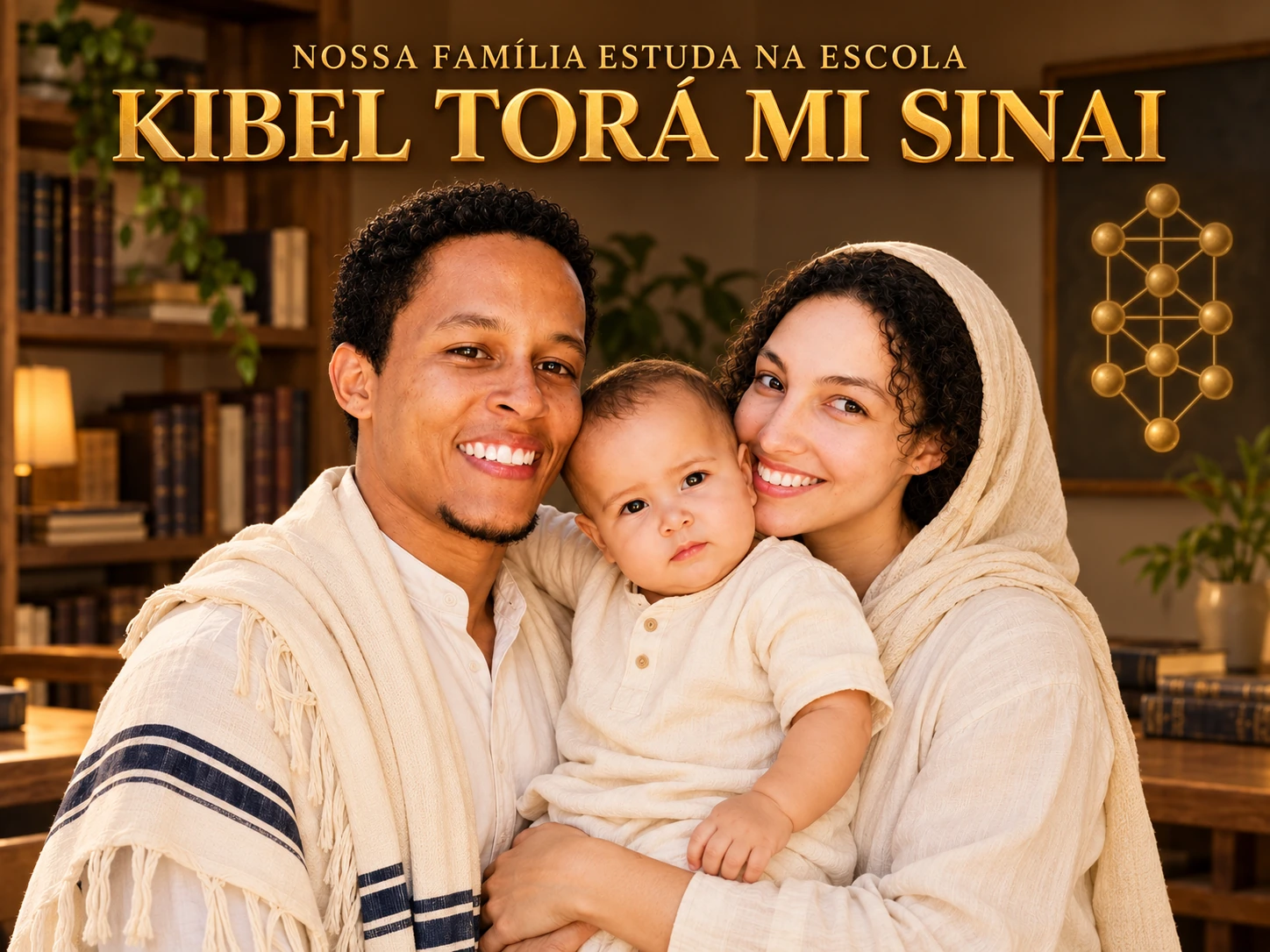 Família em uma arte da escola com a mensagem Nossa família estuda na escola Kibel Torá Mi Sinai